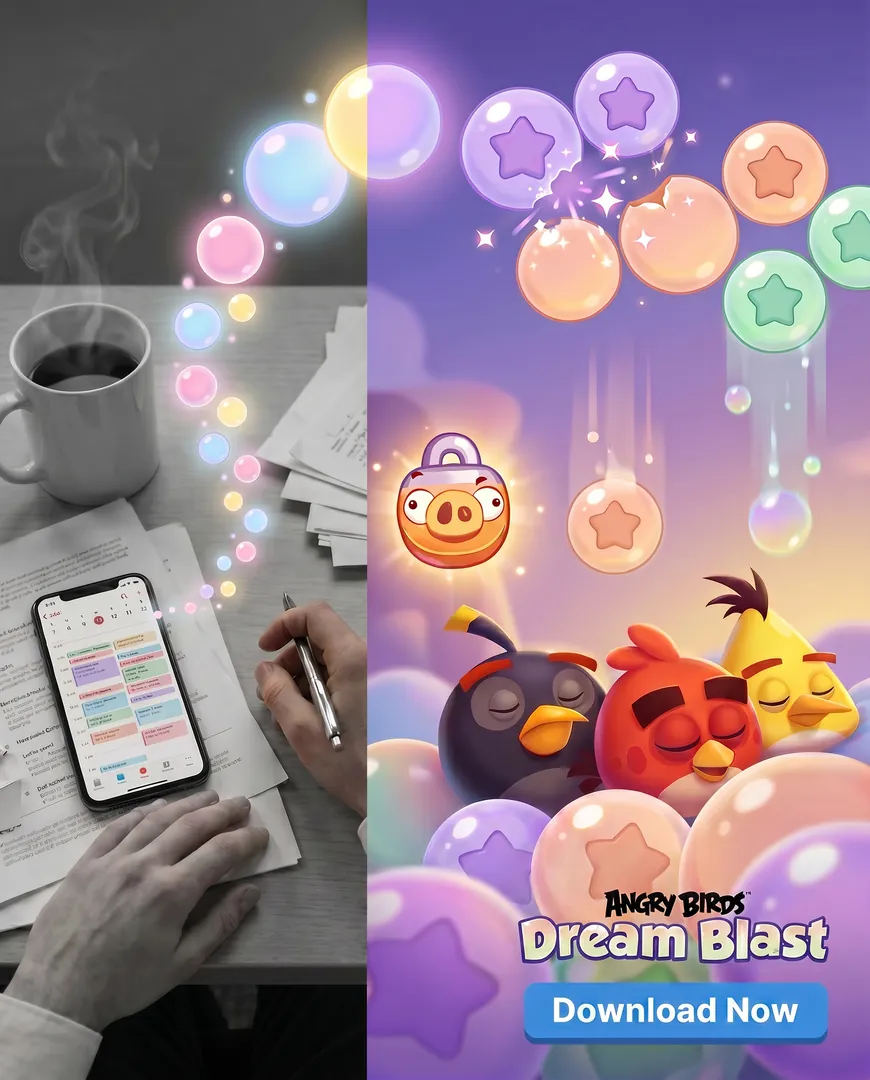 Mobile gaming ad for Angry Birds Dream Blast
